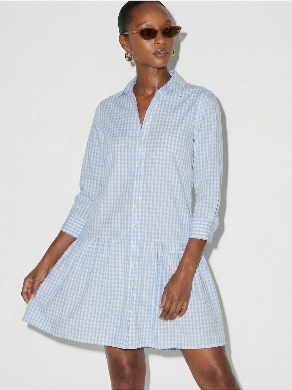 The Shirt by Rochelle Behrens Light Blue Gingham Mini Shirt Dress